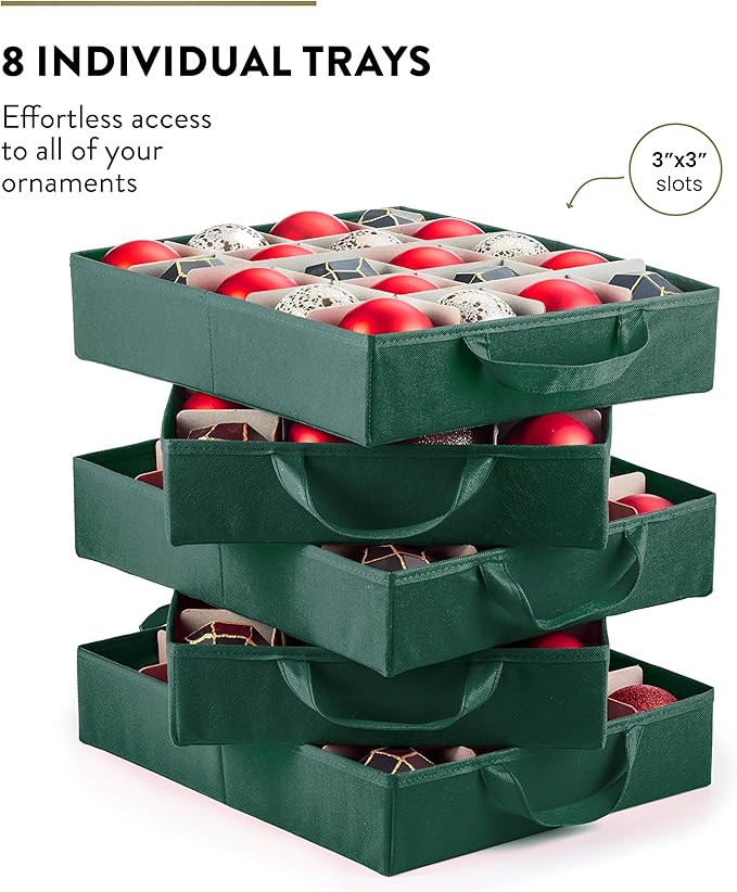 ZOBER Christmas Ornament Storage Box - Stores 200 3" Ornaments with Individual Trays - Tear Proof 600D Oxford Fabric - ornament organizer storage box, Durable Christmas Containers Holder - Green