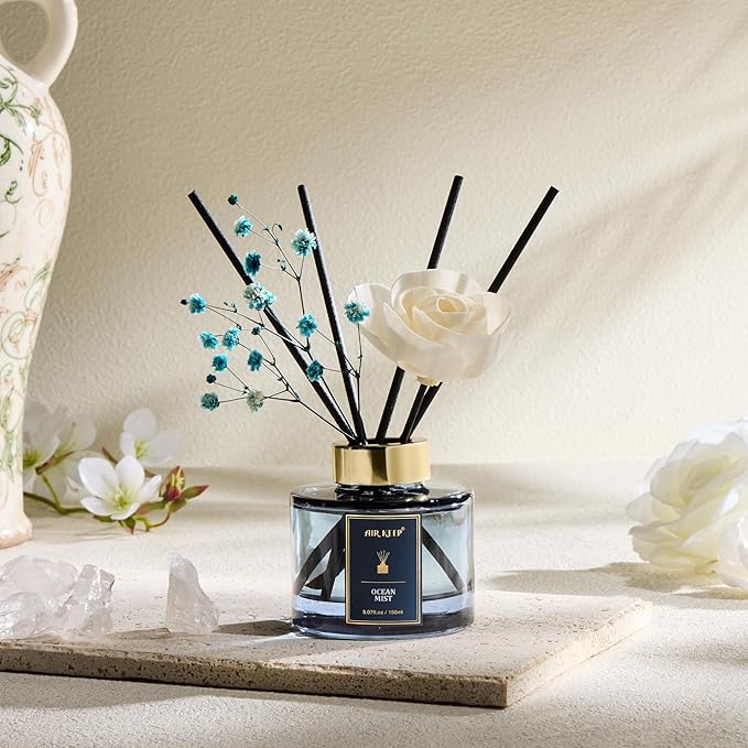 Airkeep Flower Reed Diffusers Set, 5.07 oz Ocean Mist Scented Oil Diffuser with 8 Reed Sticks, Home Fragrance Diffuser Gift Set for Bathroom & Office Decor 150ml