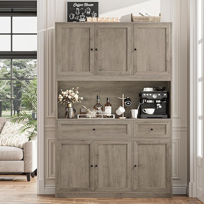 72" Kitchen Pantry Cabinet, Kitchen Hutch with Microwave Stand, Buffet Cabinet with Hutch for Dining Room, Ash Gray
