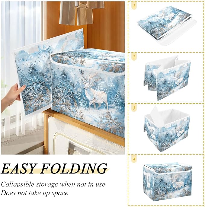 senya Winter Baskets Collapsible Storage Bins with Lids, Winter White Reindeer Snow Storage Boxes Clothes Baskets for Organizing