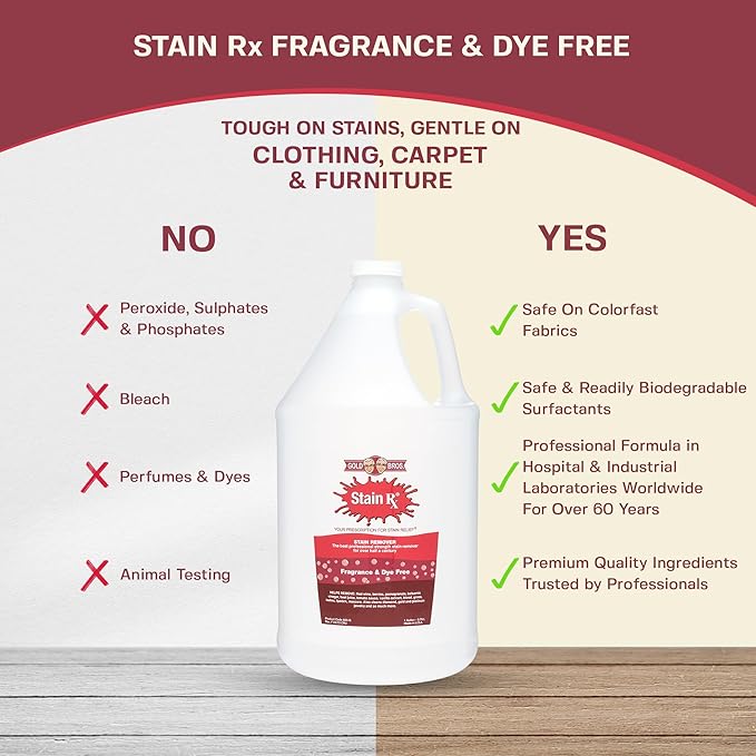 Stain Rx Stain Remover, Effectively Eliminates Stains from Wine, Berries & Blood on Colorfast Fabrics, Carpets, Upholstery & Jewelry, Fragrance Bleach & Dye-Free, Peroxides & Phosphates, 1 Gallon