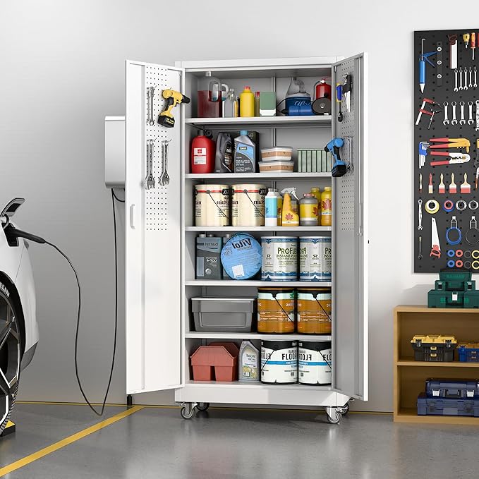 Aobabo Upgrade 71H''*34''W*18''D Metal Garage Storage Cabinet with Wheels and Pegboards, 5 Adjustable Shelves Steel Storage Cabinets for Home,Warehouse,Garage,Assembly Required,White