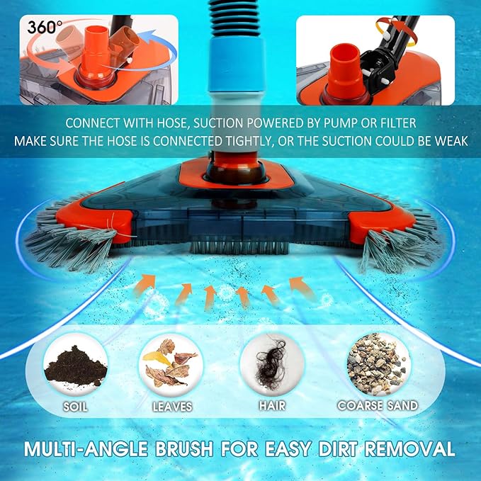 Pool Vacuum Head with Side Brush,Universal Steering Handle & Universal Rotatable Hose Adapter,Swimming Weighted Pool Brush Vac (Safe for Vinyl Liner Pool) for Inground & Above Ground Pools