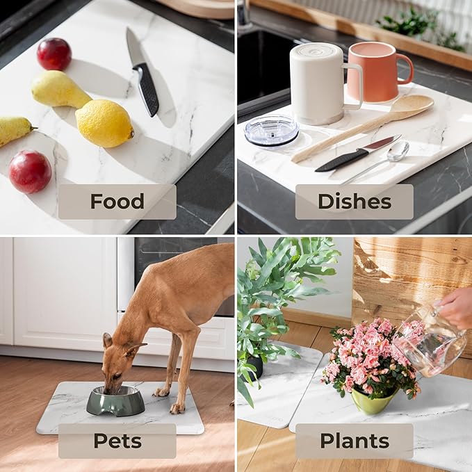 Stone Drying Mat for Kitchen Counter, Multi-Purpose Stone Dish Drying Mat, Water-Absorbent Quick Dish Drying Stone for Kitchen Counter for Cups Dishes Bottles (15.7” L x 11.8” W) - Marble Sandstone