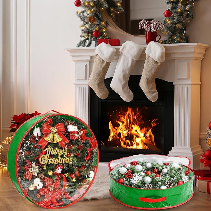 Aliceset 4 Pack Wreath Storage Containers, Christmas Ornament Garland Wreath Storage Bags with Handle Dual Zipper Large Decorative Storages Box for Winter Wreaths(30 x 30 x 7.8 Inch,Light Green)