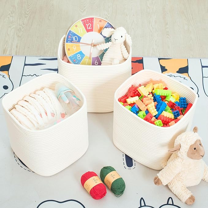 MINTWOOD Design 3-Pack 11x11in Woven Cube Storage Bin and Shelf Baskets, Cute Decorative Square Organizer for Closet, Classroom, Bathroom, Dog and Cat Toys, and Books, Creamy White