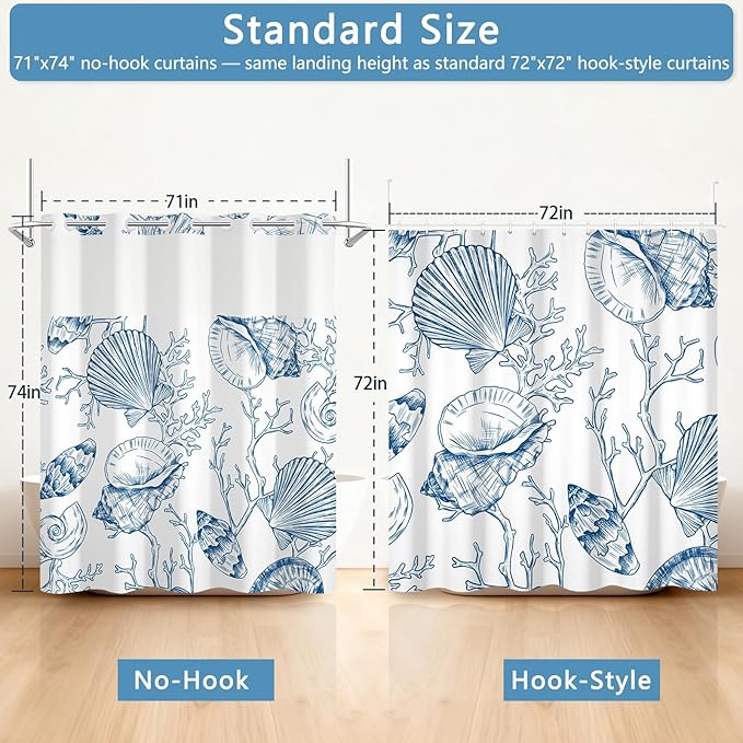 Waterproof Sea Themed Shower Curtain, No-Hook Design with Snap-in Fabric Shower Curtain Liner, Weighted Bottom and Vent Window, Blue Coral Pattern Shower Curtains, 71x74 Inches