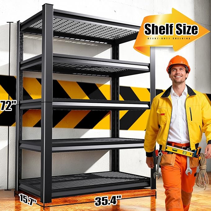 5-Tier 72”H Garage Shelving, Adjustable Garage Shelves, 2500 Lbs Storage Shelves Heavy Duty, Garage Shelf for Tool Organization, Storage Shelves for Basement, Warehouse, Black (72''H×36''W×15.7''D)