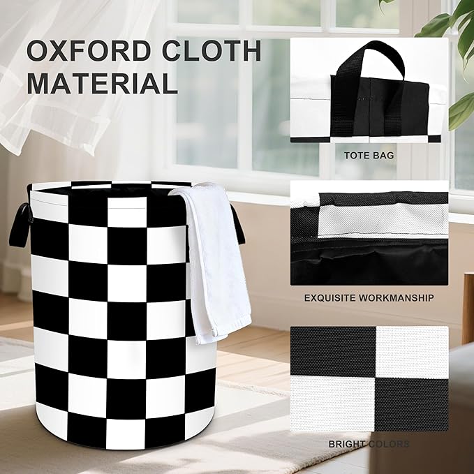 Black White Checkered Laundry Basket Storage Bin Foldable Laundry Hamper Clothes Storage Bucket Organizer 19.6x15.7 Inch For Laundry Room/Bedroom/Bathroom