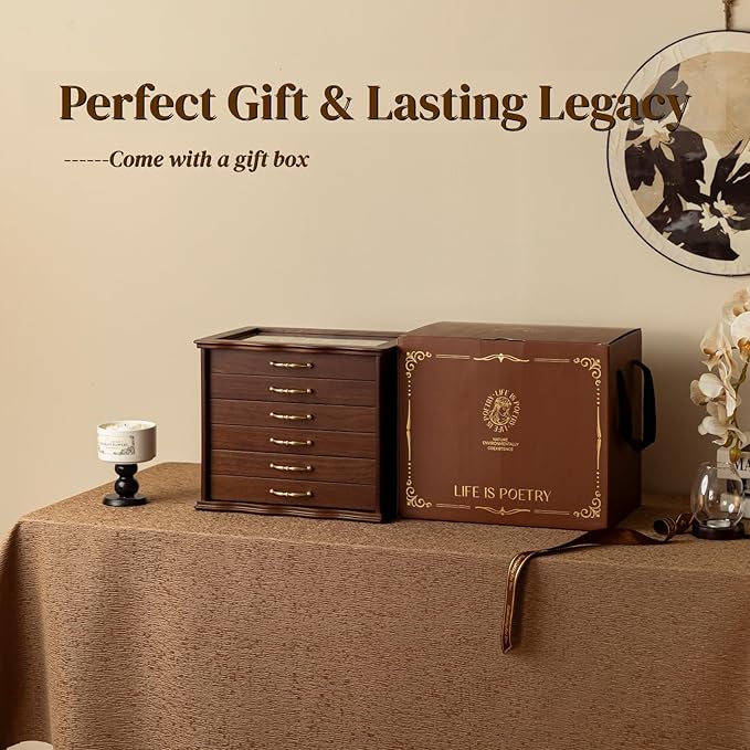 KINTNESS Black Walnut Wooden Jewelry Box - 6 Drawers Solid Wood Large Jewelry Organizer with Secret Compartment for Women Girls, Jewelry for Bracelet, Necklace, Ring, Earring
