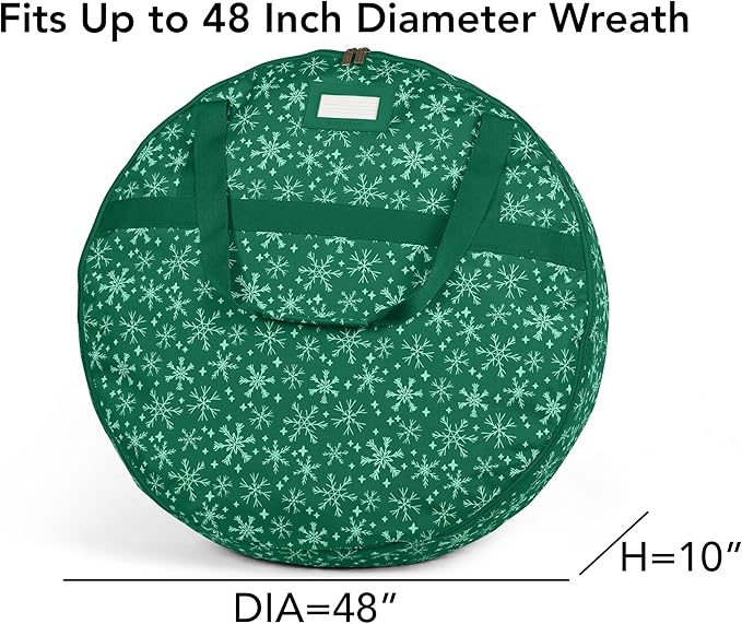 Covermates Keepsakes Wreath Storage Bag – Heavy-Duty Polyester with Buckle Straps & Interior Pouch – Protective Holiday Wreath Organizer with Handles, D-Ring & Label Window, Green Snowflake