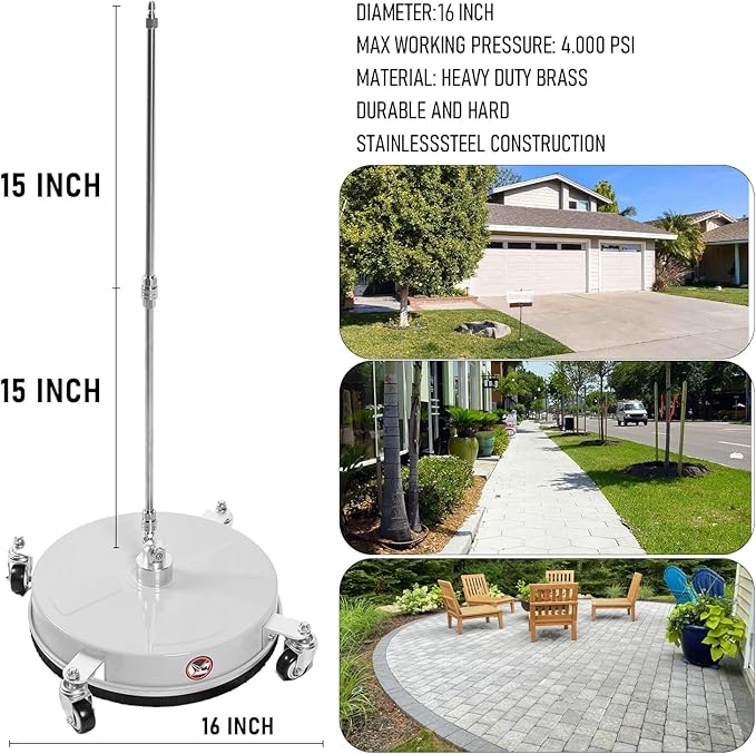 Wexo Palindrog 16" Pressure Washer Surface Cleaner with 4 Wheels, Stainless Steel Power Washer Surface Cleaner for Driveways Sidewalks Patios, 1/4" Quick Connector, 2 Extension Wand, 4000 PSI