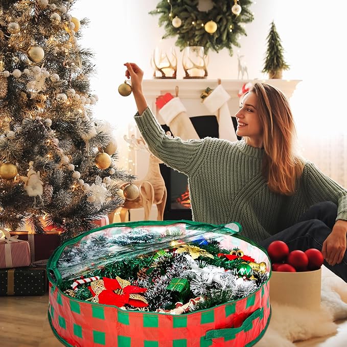 Aliceset 4 Pack Wreath Storage Containers, Christmas Ornament Garland Wreath Storage Bags with Handle Dual Zipper Large Decorative Storages Box for Winter Wreaths(36 x 36 x 7.8 Inch,Red Green Plaid)
