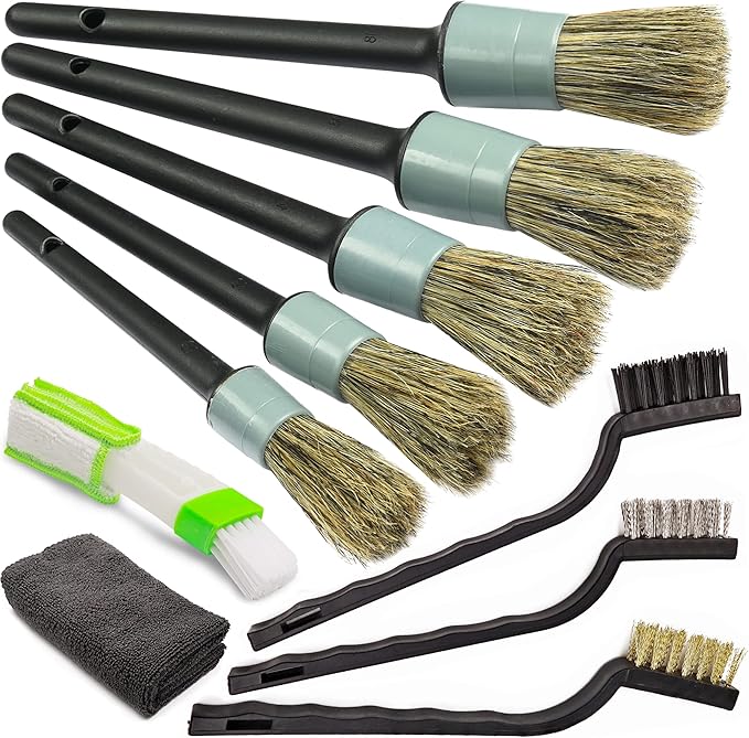 TAKAVU Complete Car Detailing Brush Kit (10 Piece) - Boar Hair Detail, Wire & Vent Brushes with Microfiber Towel for Wheels, Interior, Engine Bay Cleaning
