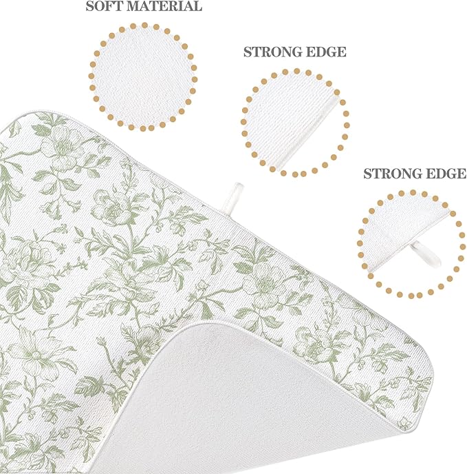 Sage Green Floral Dish Drying Mat 18 x 24 Inch Vintage Light Green Floral Drying Mat for Kitchen Counter Absorbent Spring Summer Flowers Dishes Dry Pad for Drainer Rack Kitchen Fast Dry