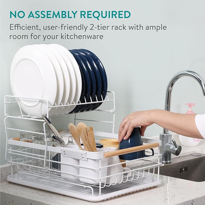 Navaris 2 Tier Dish Rack - Compact Drying Kitchen Board with Drip Tray & Cutlery Holder - Easy to Assemble and Clean Dishes - Sink Drainer Rack - White