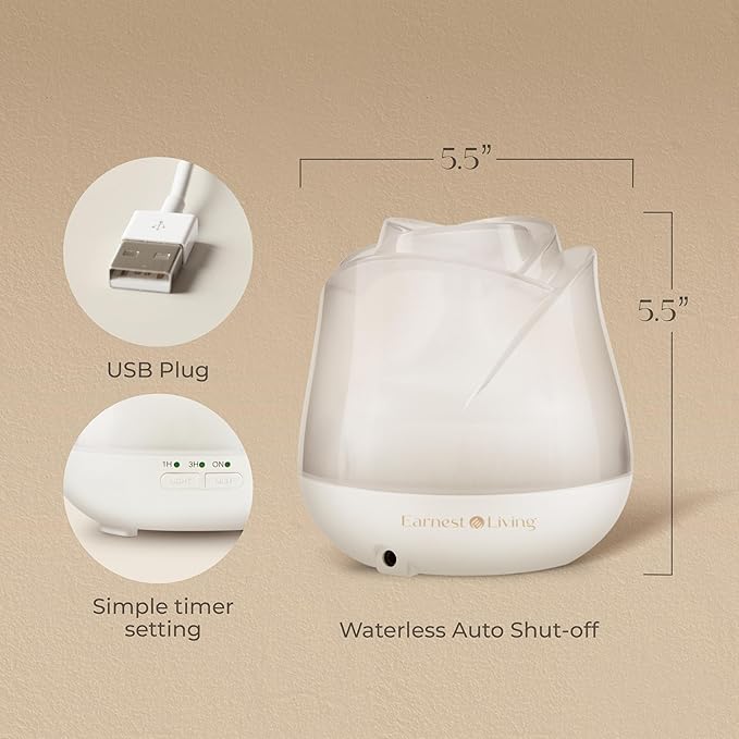 Earnest Living Rose Essential Oil Diffuser 150ml – Mini Ultrasonic Aromatherapy Humidifier for Bedroom & Desk, Quiet Mist, USB Powered, 7-Color Night Light, BPA for Women, Frosted White