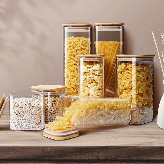 HomArtist Square Glass Jars with Bamboo Lids 17 FL OZ [Set of 12], Glass Canisters with Airtight Lids, Glass Food Storage Containers for Spice, Sugar, Tea, Candies, Cookies, Best for Kitchen & Pantry