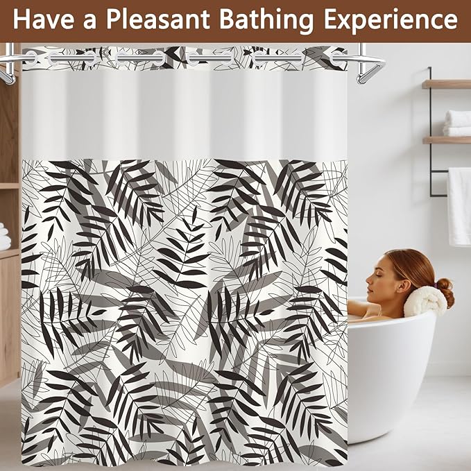TQUQOBU No Hook Tropical Brown Beige Leaves Shower Curtain and Liner Set, Minimalist Boho Vintage Botanical Hotel Style Waterproof Fabric Shower Curtain with See Through Top Window, 71x74 Inch