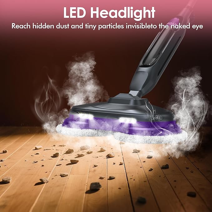 BOJUK Scrub and Steam Mop with LED Headlights, All-in-One Hard Floor Cleaner Rotating Mop, 6 Cleaning Pads, Swivel Steering, Cable Holder & XL Water Tank
