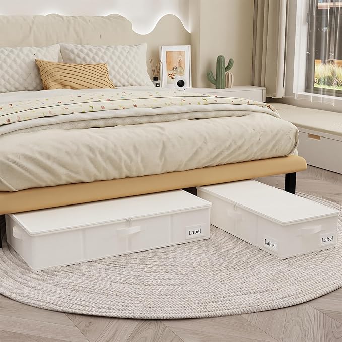 Yawinhe Foldable Underbed Storage Bags, Containers Bin with Lids, Large Under Bed Organizer Box, with Sturdy Zipper und Label Holders, for Clothing, 31.5''Lx15.7''Wx6''H, 4 Pack, Beige