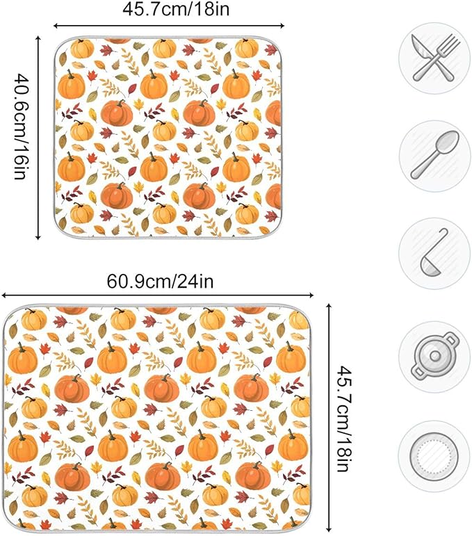 Fall Pumpkin Pattern Dish Drying Mat for Kitchen Countertop 18x24 Autumn Leaves Thanksgiving Day Large Drying Mat Reusable Quick Dry Dish Sink Mats Easy Clean Decorative Essentials
