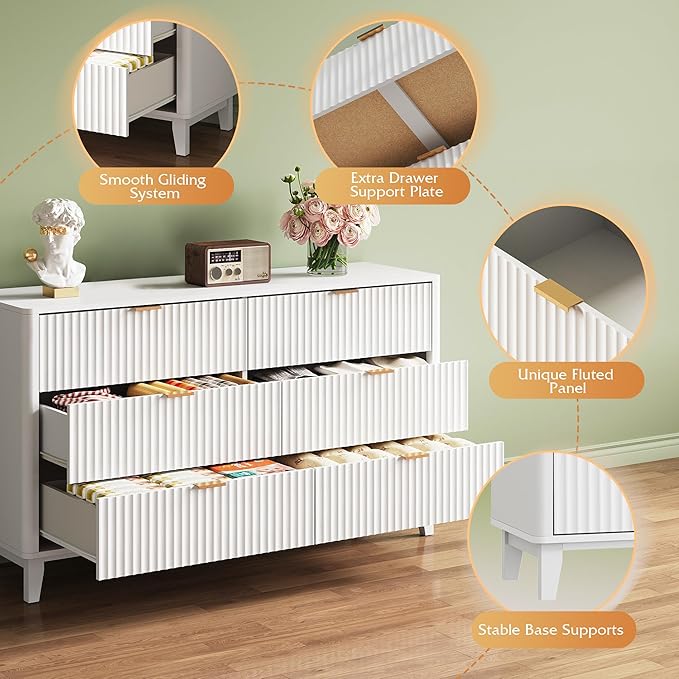 WLIVE Fluted Dresser for Bedroom with 6 Drawers, 54" Wide Wood Dresser with Golden Metal Handles, TV Stand for 65 inch TV, Mid Century Modern Chest of Drawers for Living Room, Hallway, Closet, White