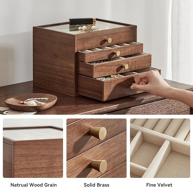 Homruilink Black Walnut Wooden Jewelry Box for Women large 4 Layer Drawer Organizer Box with Glass Lid for Necklaces, Watch, Necklace, Ring, Earring Storage - Valentine's Day Gifts
