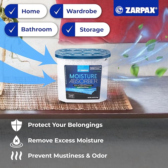 ZARPAX Moisture Absorber Activated Charcoal 18 oz/510g | Removes Moisture, Damp, Humidity & Odors | Odor Absorber | Moisture Trap for Bathroom, Closet, Kitchen & Small Spaces | Set of 4