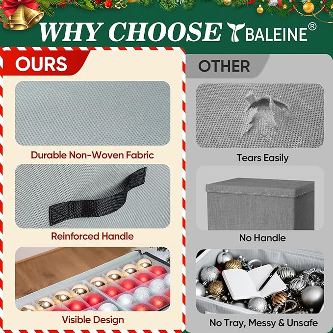 BALEINE Christmas Ornament Storage Box with Dividers, Premium Holiday Ornaments Storage Container Bin for Xmas Decorations (128 Ball, Grey, Soft)