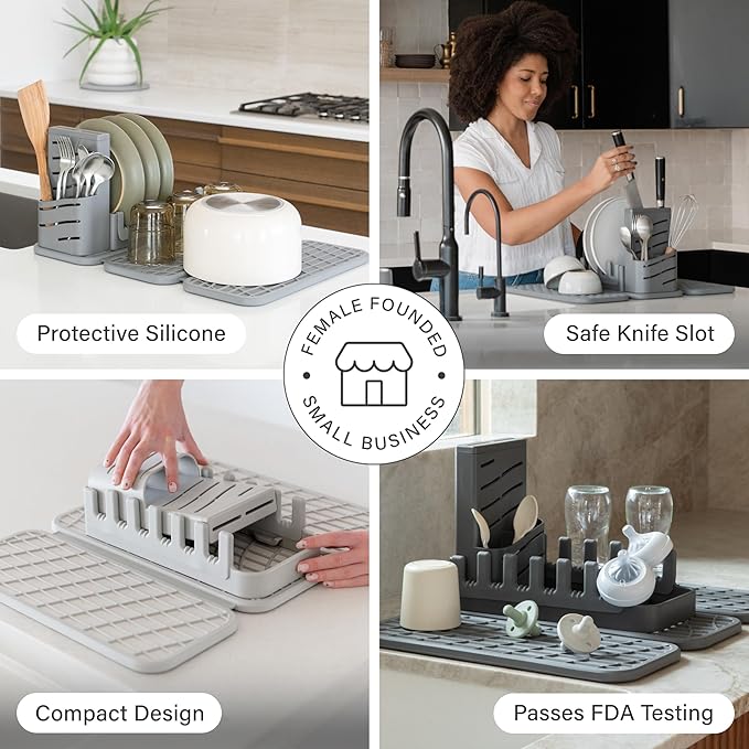 Dorai Home Collapsible Dish Drying Rack and Stone Pad – Foldable Drying Rack with Instant-Dry Stone Mat – Space-Saving Collapsible Drainer for Kitchen Counter - 19.9" x 15.2" (Slate)