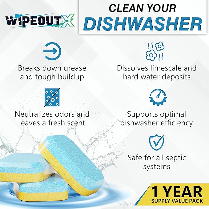 Dishwasher Cleaner – 24 Pack (1-Year Supply) Dishwasher Cleaner and Deodorizer Tablets, Odor and Smell Remover Septic Safe Natural Limescale, Calcium, Hard Water Marks & Grease Remover