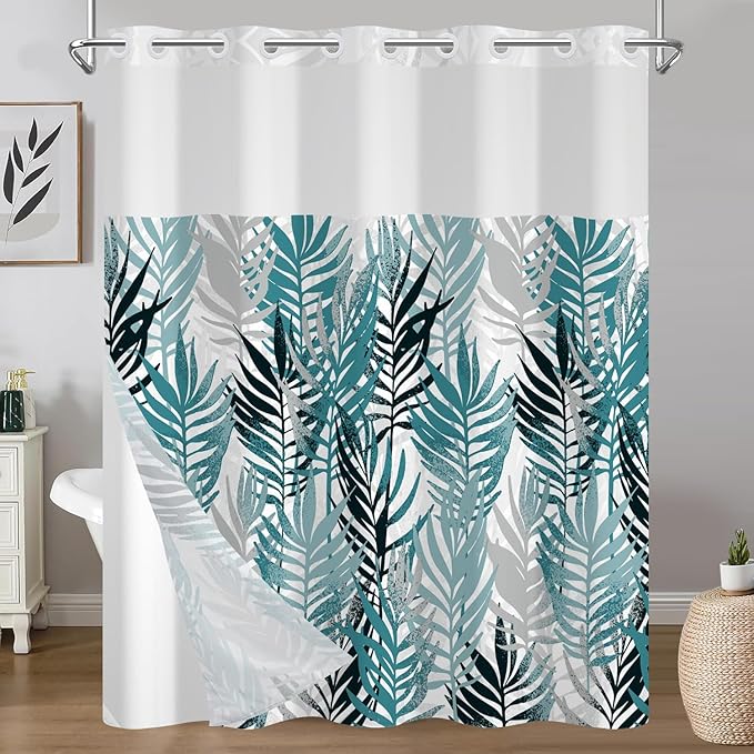 TQUQOBU No Hook Boho Dark Emerald Leaves Shower Curtain with Liner, Waterproof Washable Fabric Shower Curtain, Modern Abstract Botanical Decorative Bathroom Curtains with Top Sheer Window, 71x74 Inch