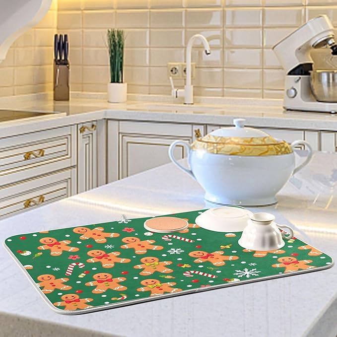 Christmas Gingerbread Man Dish Drying Mat for Kitchen Countertop 18x24 Winter Snowflake Candy Cane Green Large Drying Mat Reusable Quick Dry Dish Sink Mats Easy Clean Decorative Essentials