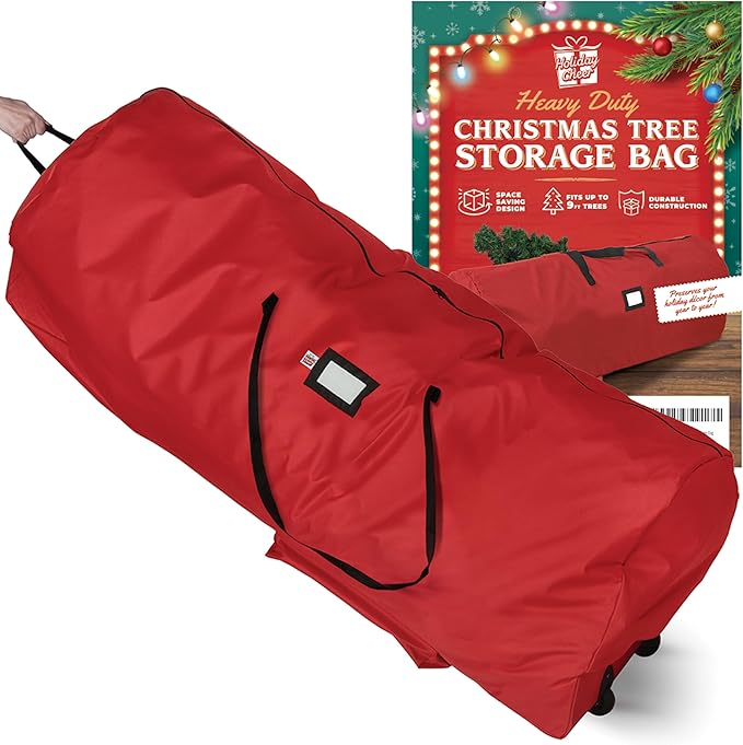 Holiday Cheer Christmas Tree Storage Bag with Wheels – Heavy Duty Christmas Tree Bag Fits Up to 9ft Tall Artificial Christmas Tree, Waterproof, Durable Handles & Zipper – Xmas Tree Storage Bag (Red)