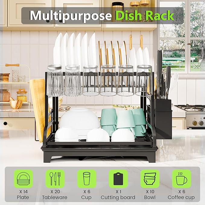 HomeCurated 2-Tier Foldable Dish Drying Rack with Drainboard, Stainless Steel Large Capacity Kitchen Counter Organizer with Cup Holder, Utensil & Cutting Board Storage, No Assembly Required, Black