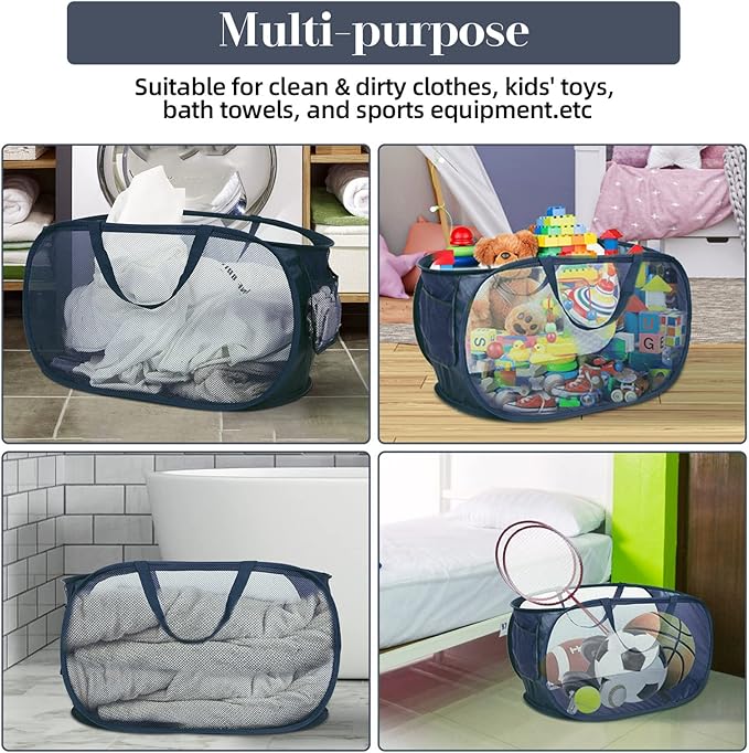 4 Pack Collapsible Laundry Baskets, Foldable Laundry Basket with Pocket, Durable Pop Up Hampers, Reinforced Handles Dirty Clothes Hamper for Laundry, Bedroom, Bathroom, Dorm, Travel or Camping Navy