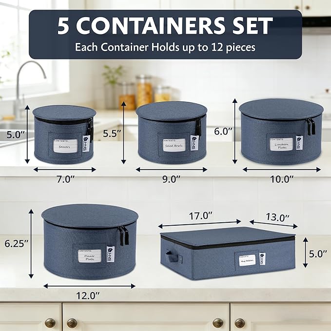 China Storage Hard Shell Containers 5-Piece Set Moving Boxes for Dinnerware, Glasses, Plates, Mugs and Saucers Sturdy Dish Organizer with Dividers for Seasonal Storage - Service for 12 - Denim Blue