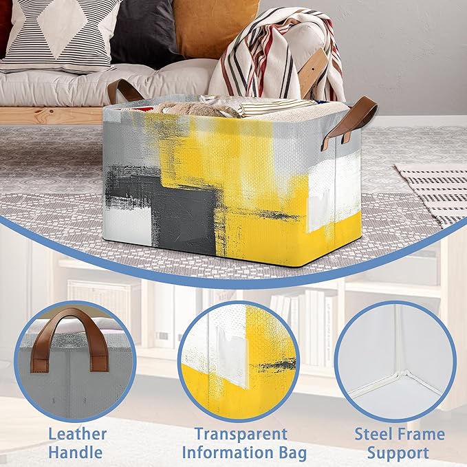 Yellow Gray Storage Baskets,Modern Art Foldable Large Capacity Organizer Bins with Waterproof Lining and Leather Handles for Closet,Shelf,Bedroom 17x11.5x10Inch