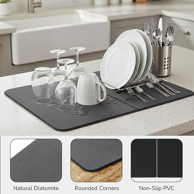 2-Panel Large Foldable Stone Drying Mat 24"x16" – Diatomaceous Earth Stone Dish Drying Mat, Ultra-Absorbent Stone Drying Mat for Kitchen, Collapsible Quick-Dry Countertop Protector for your Dishes