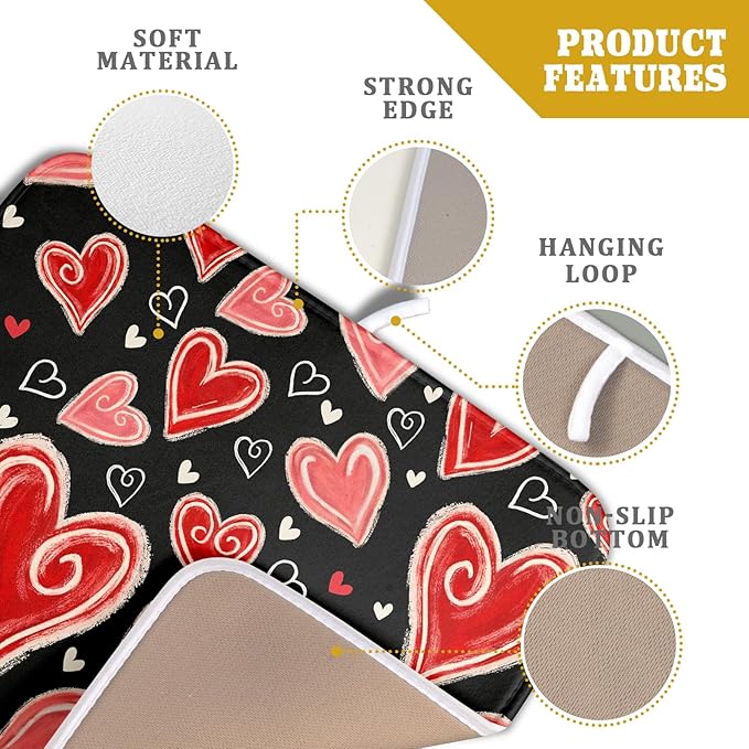Valentines Day Dish Drying Mat for Kitchen Counter 18x16 Inch Black Red Heart Drying Mat with Absorbent Reversible Microfiber Love Dish Drainer Mats Rack Pad for Coffee Countertop Protector