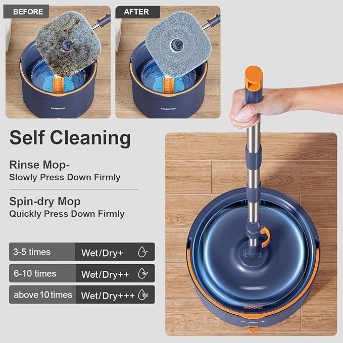 HoMettler Spin Mop and Bucket Set, Mop Bucket with Separate Dirty Water System, Deep-Cleaning Mops for Floors/Wall, Versatile Mops with 4 Microfiber Mop Pads