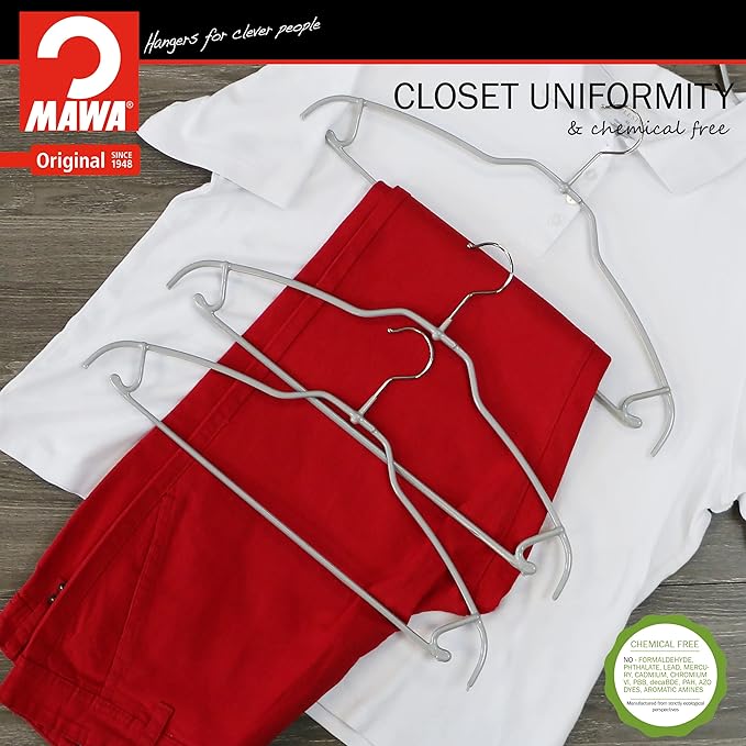 Mawa by Reston Lloyd Silhouette Ultra-Thin Series, Non-Slip Space Saving Shirt Hanger with Pant Bar & Skirt Hooks, Style 42/FTU, Pack of 130, Silver