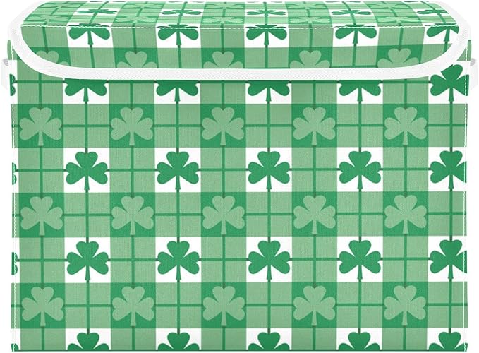 St. Patrick's Day Baskets Collapsible Storage Bins with Lids, St. Patrick's Day Green Shamrocks with Plaid Storage Boxes Clothes Baskets for Organizing