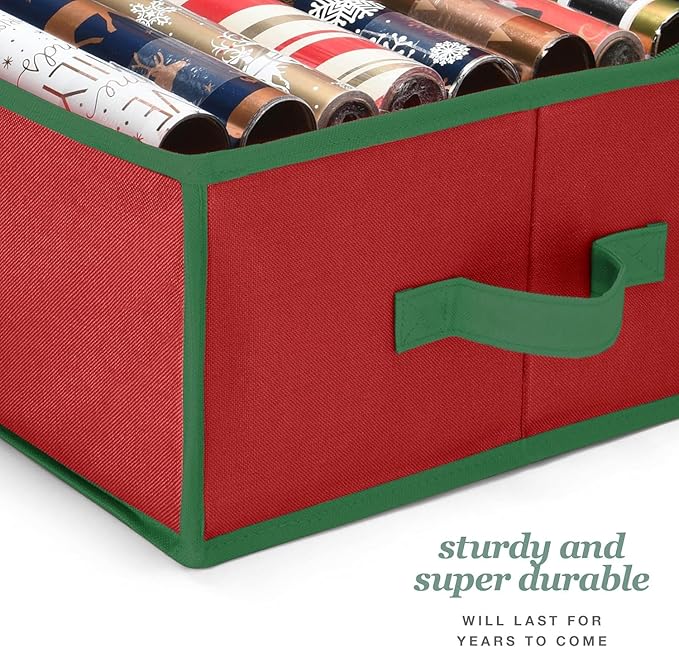 Premium Wrapping Paper Organizer Storage | Gift Wrap Holder With Extra Pockets for Christmas Decorations, Reinforced Handles, Heavy Duty, Ultra-Durable, Tear-Proof Fabric - Fits Up to 27 Rolls (Red)