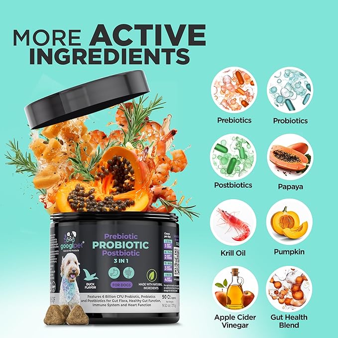Googipet Probiotics for Dogs Digestive Health - Prebiotics and Probiotics Chews for Dogs Gut Health + Digestive Enzymes - Dog Probiotics for Yeast Itchy Skin Itchy Ears w/Papaya, Pumpkin, & Fiber