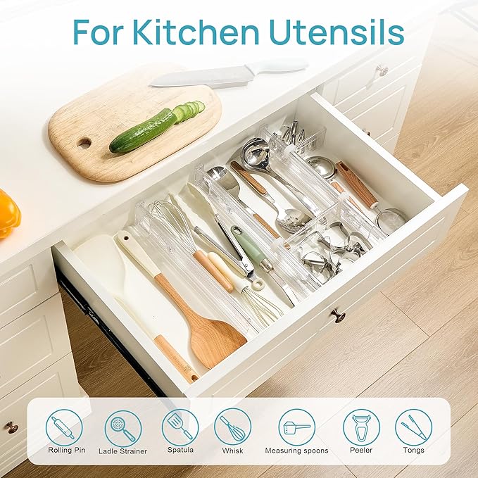 Vtopmart 2.36” Drawer Dividers with Expandable Inserts, 12.8"-22.3" Adjustable Kitchen Drawer Organizer, Clear Plastic Organizer Separator for Flatware, Utensil, Cutlery, 6 Dividers with 10 Inserts