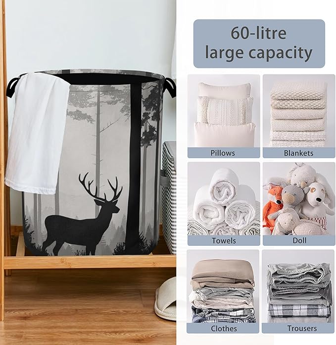 Deer Laundry Basket,Forest Foldable with Handles Tote Bag Oxford Cloth for Bathroom Bedroom Dirty Clothes Storage Bucket 16" x 20.8"