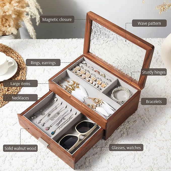 Wooden Jewelry Box, Large Size Case, Natural Solid Walnut Wood Vintage Trinket Organizer with 2-Layer Storage, Drawer, Ring Compartments, Necklace Hooks, Glass Lid, ek06-b-walnut