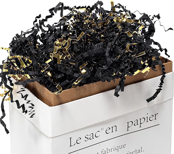Mefleet 1 LB Crinkle Cut Paper Shred Filler Black & Gold Crinkle Shredded Paper for Gift Box - Gift Basket Bag Filler - Grass Cushion Stuffing for Christmas Holiday Packaging Wrapping